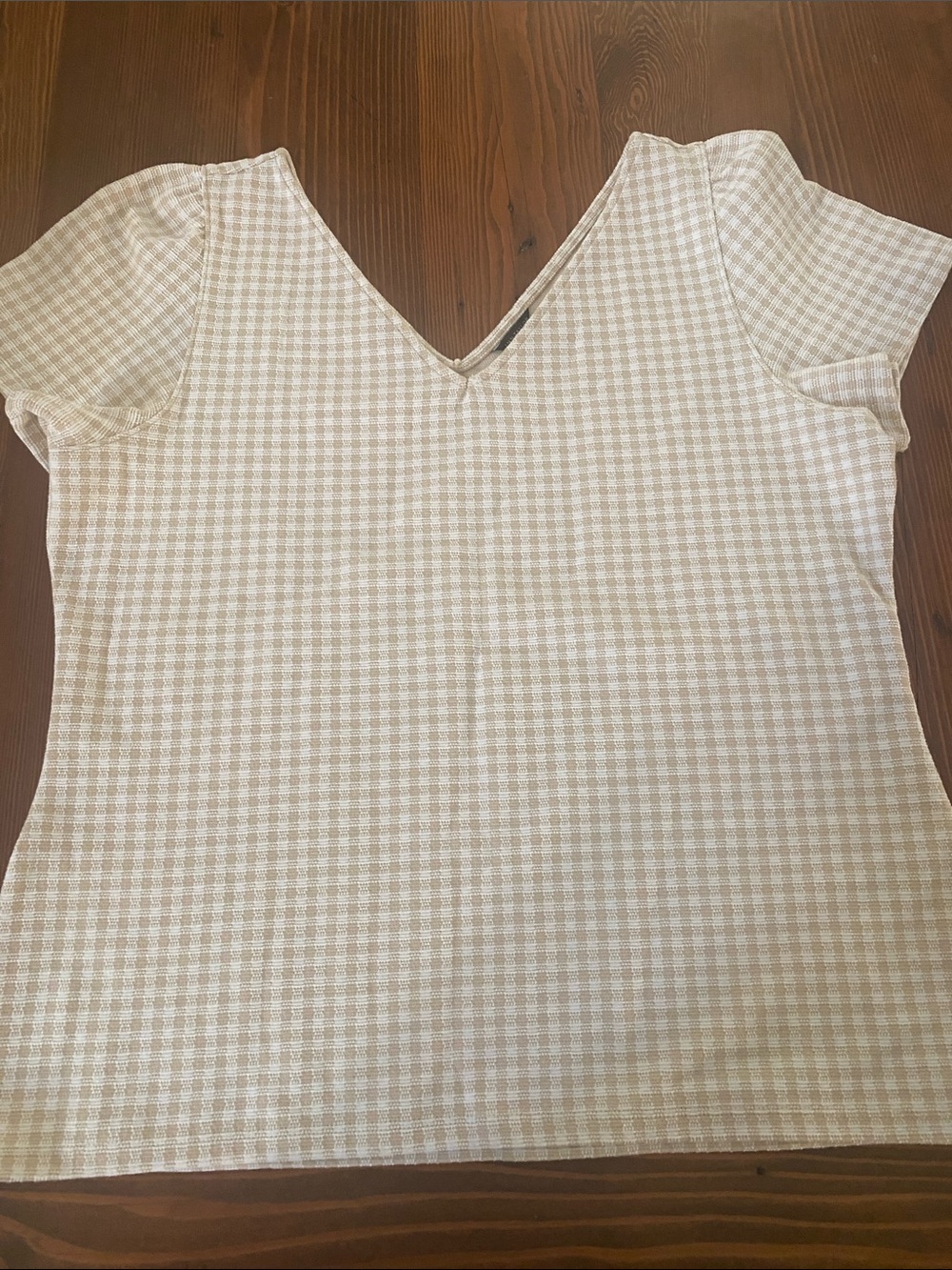 Ann Taylor Short Sleeve V-Neck Gingham Top in Light Beige and White
